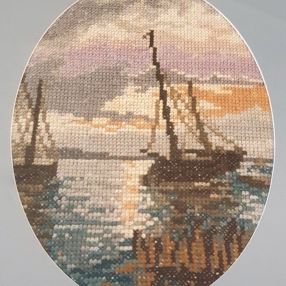 VTG Antique Sail Boats Needlepoint 2 Pictures Framed 14.25" X 11.25" Nautical - Picture 3 of 10